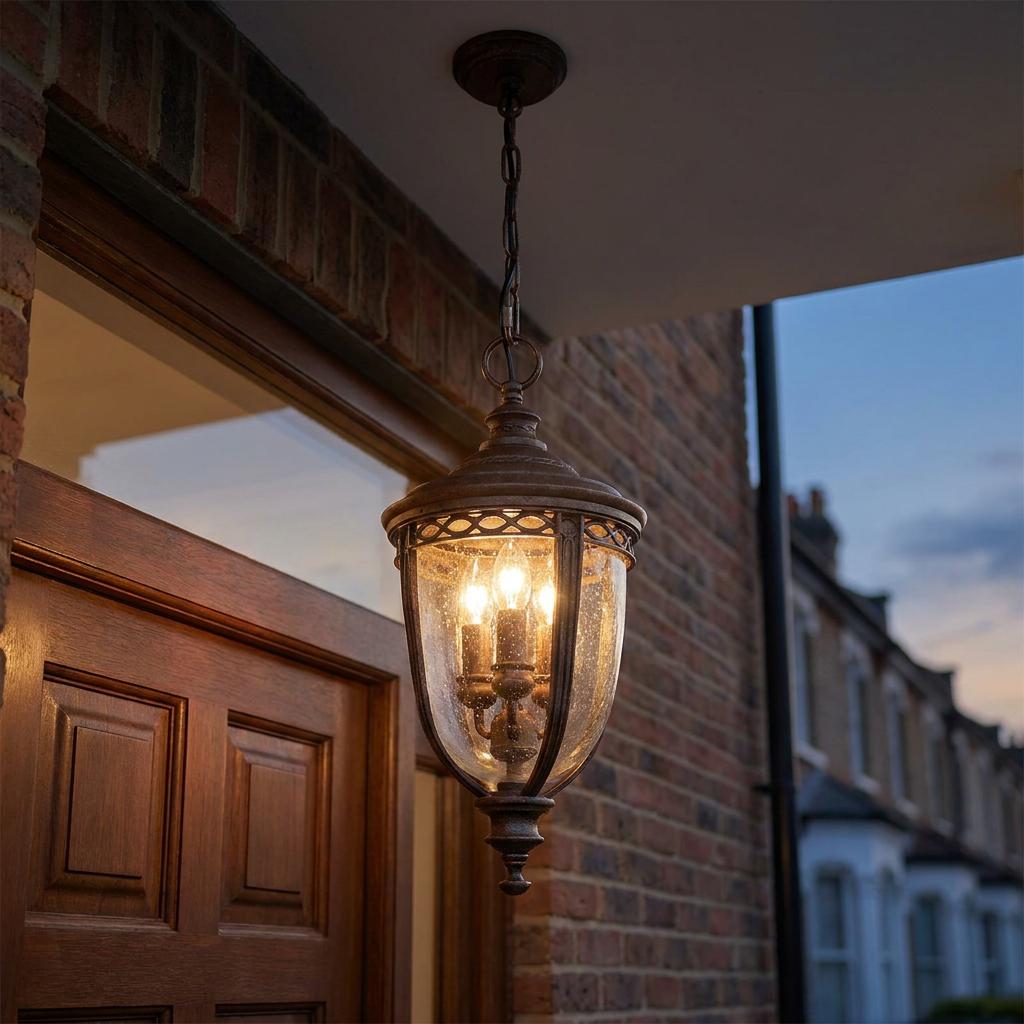 Bronze outdoor pendant lantern with seeded glass and glowing bulbs, hanging from a porch ceiling at dusk.