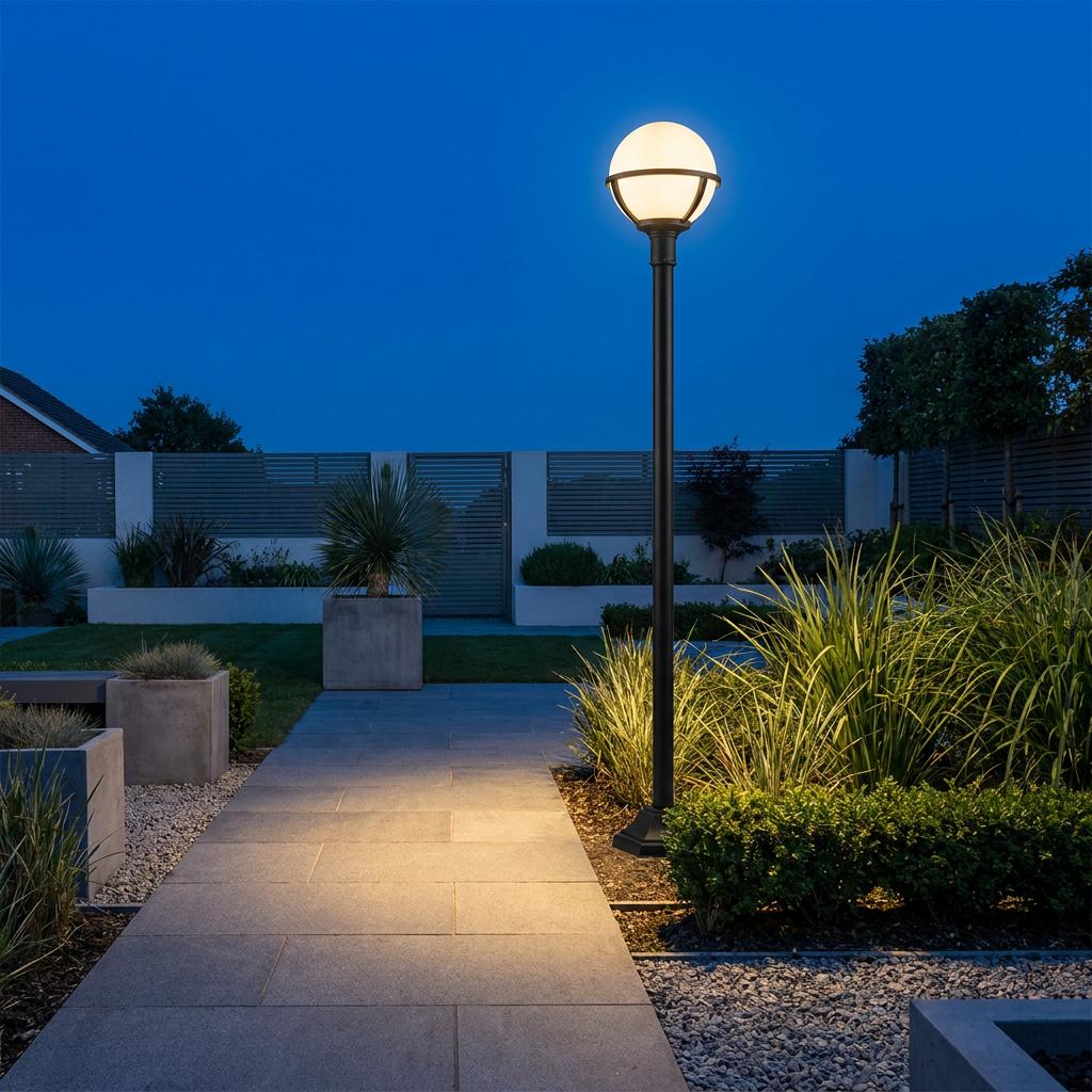 Black outdoor lamp post with a glowing white globe shade illuminating a paved garden path at dusk.