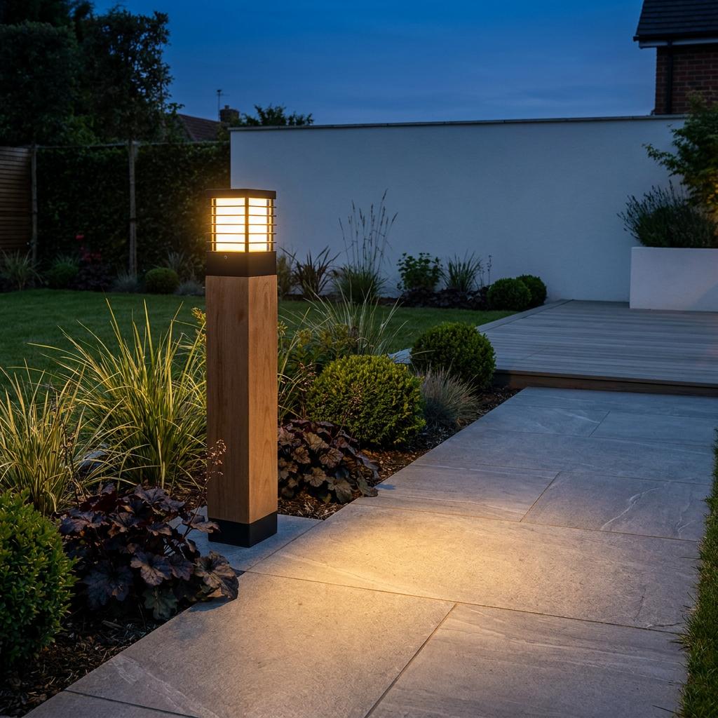 A Scandinavian wood bollard light illuminates a stone garden path at dusk.