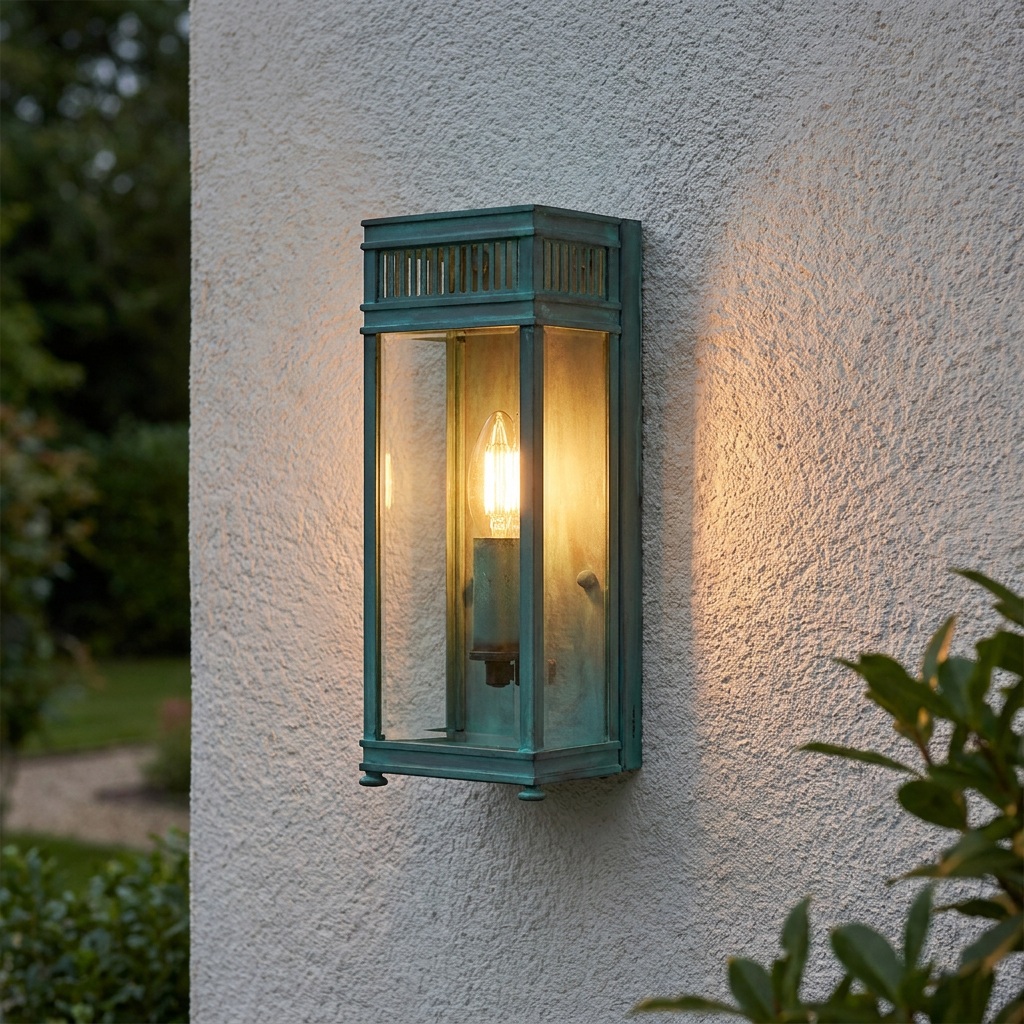 Small verdigris outdoor wall lantern with clear glass panels glowing on a textured white exterior wall.