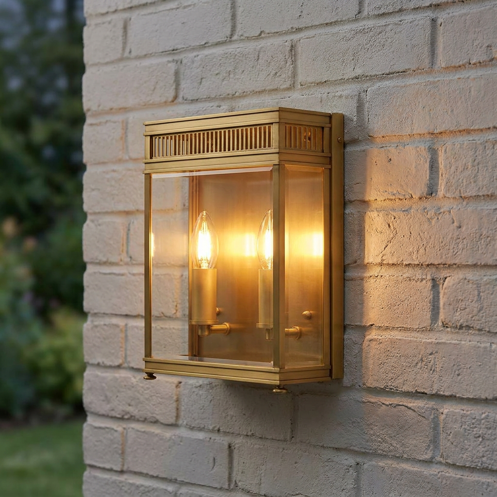 A rectangular brass outdoor wall light with two glowing candle bulbs mounted on a white brick wall.