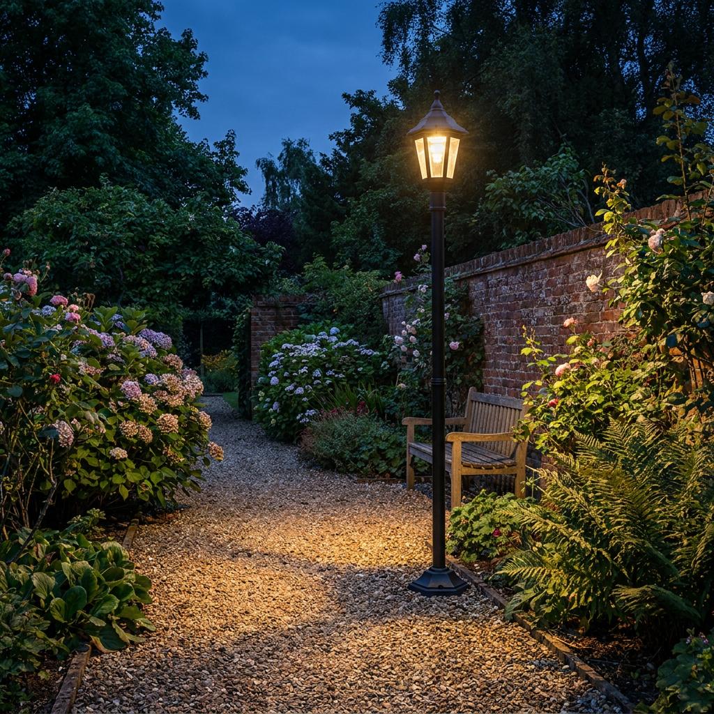 A black Elstead Kinsale lamp post illuminates a garden path with a brick wall and flowers at twilight.