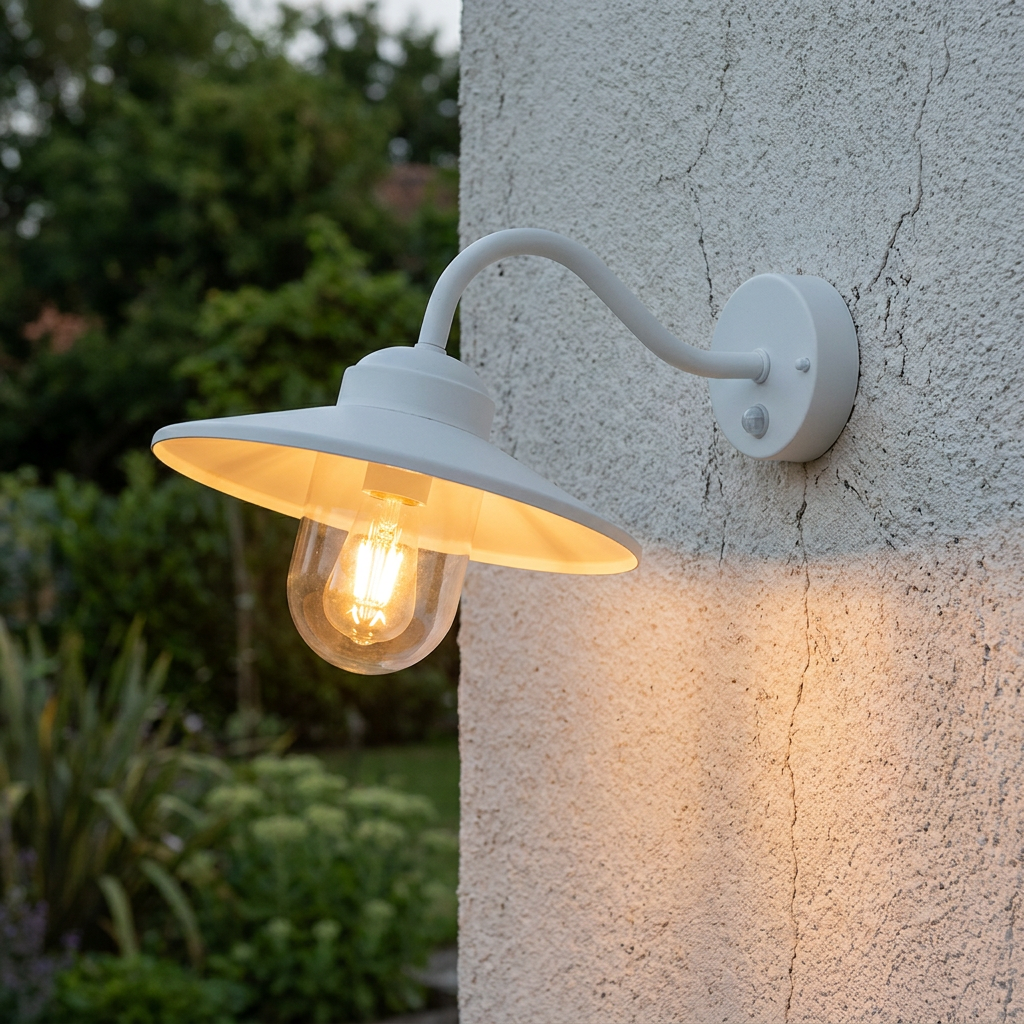 White outdoor wall light with a PIR sensor and curved arm, mounted on a textured wall and casting a warm glow.