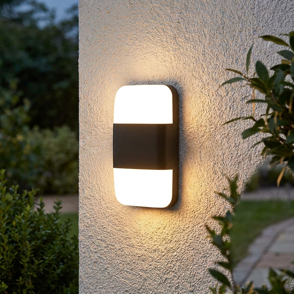 Elstead Lars black LED outdoor wall light with illuminated white sections on a textured exterior wall.