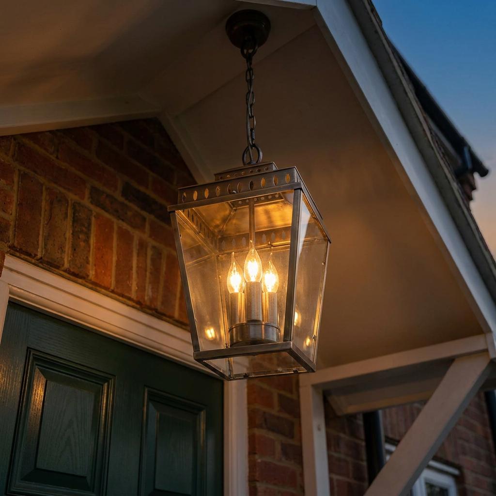 Three-light aged brass outdoor pendant lantern glowing under a porch overhang next to a brick wall and green door.