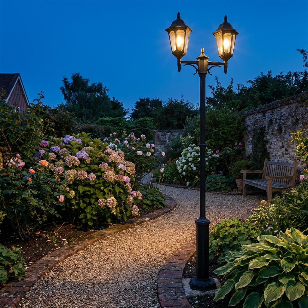 A black twin arm outdoor lamp post illuminates a gravel garden path surrounded by blooming hydrangeas at dusk.