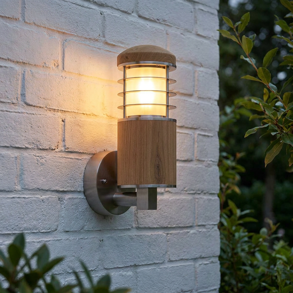 Elstead Poole Stainless Steel And Teak Outdoor Wall Light