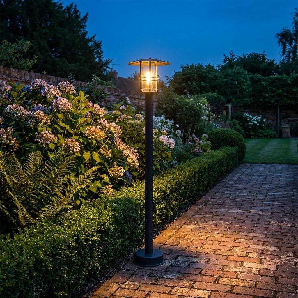 A lit black outdoor pillar lantern stands beside a brick path in a lush garden at dusk.