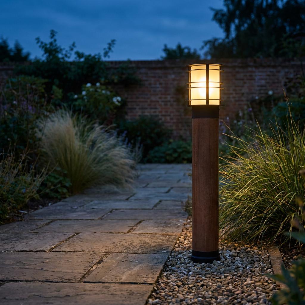 Elstead Stockholm Black And Scandanavian Wood Large Bollard Light ST/BOLSW L E27 B