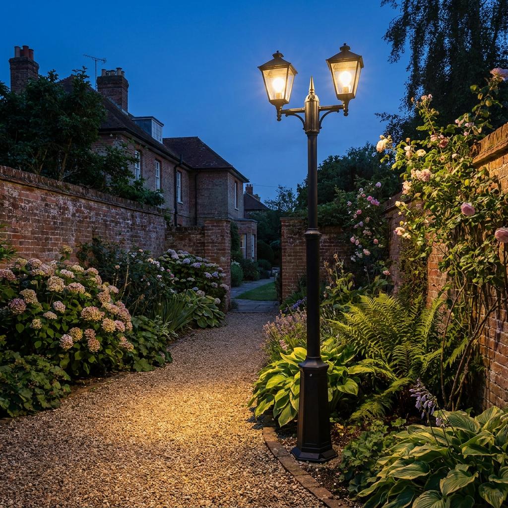 Black twin-arm lamp post illuminating a gravel garden path between brick walls at dusk.