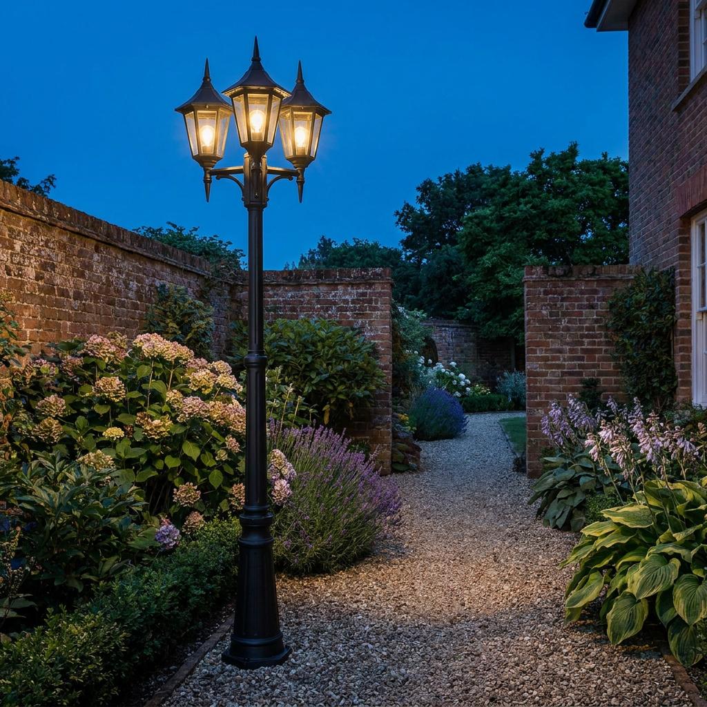 Ornate black three-arm outdoor lamp post illuminating a gravel garden path flanked by brick walls at dusk.