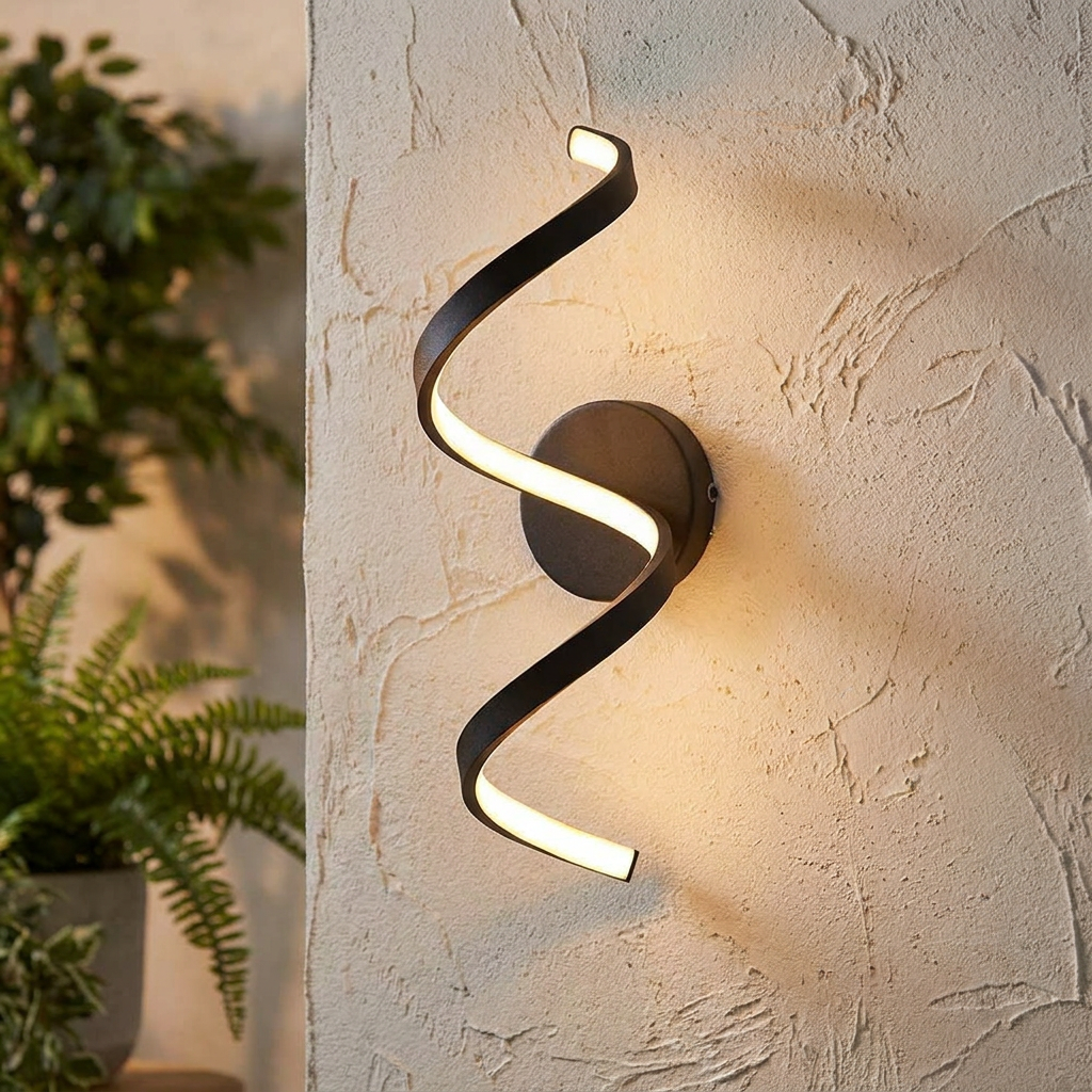 Modern Endon Astral black spiral LED wall light illuminating a textured outdoor surface.
