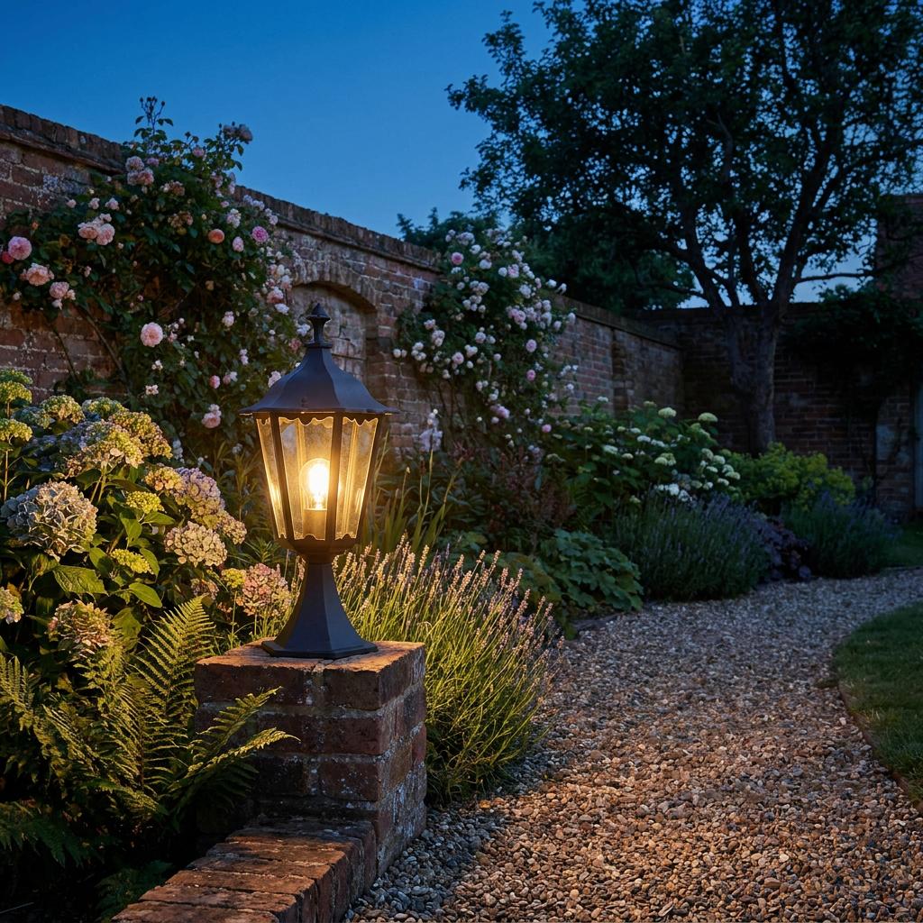 An illuminated black outdoor pedestal lantern mounted on a brick pillar in a lush garden at dusk.