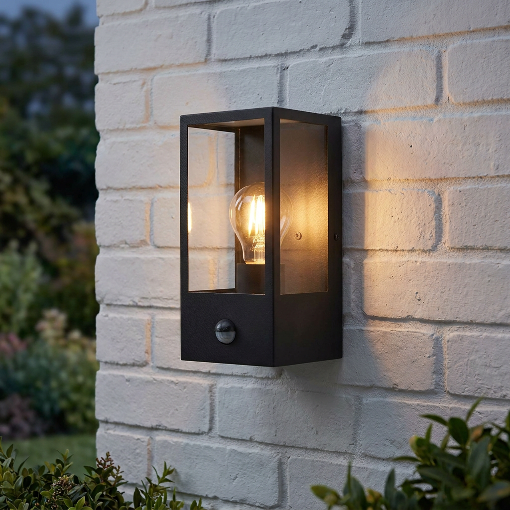 Black rectangular wall light with PIR sensor and glowing bulb mounted on a white brick wall.