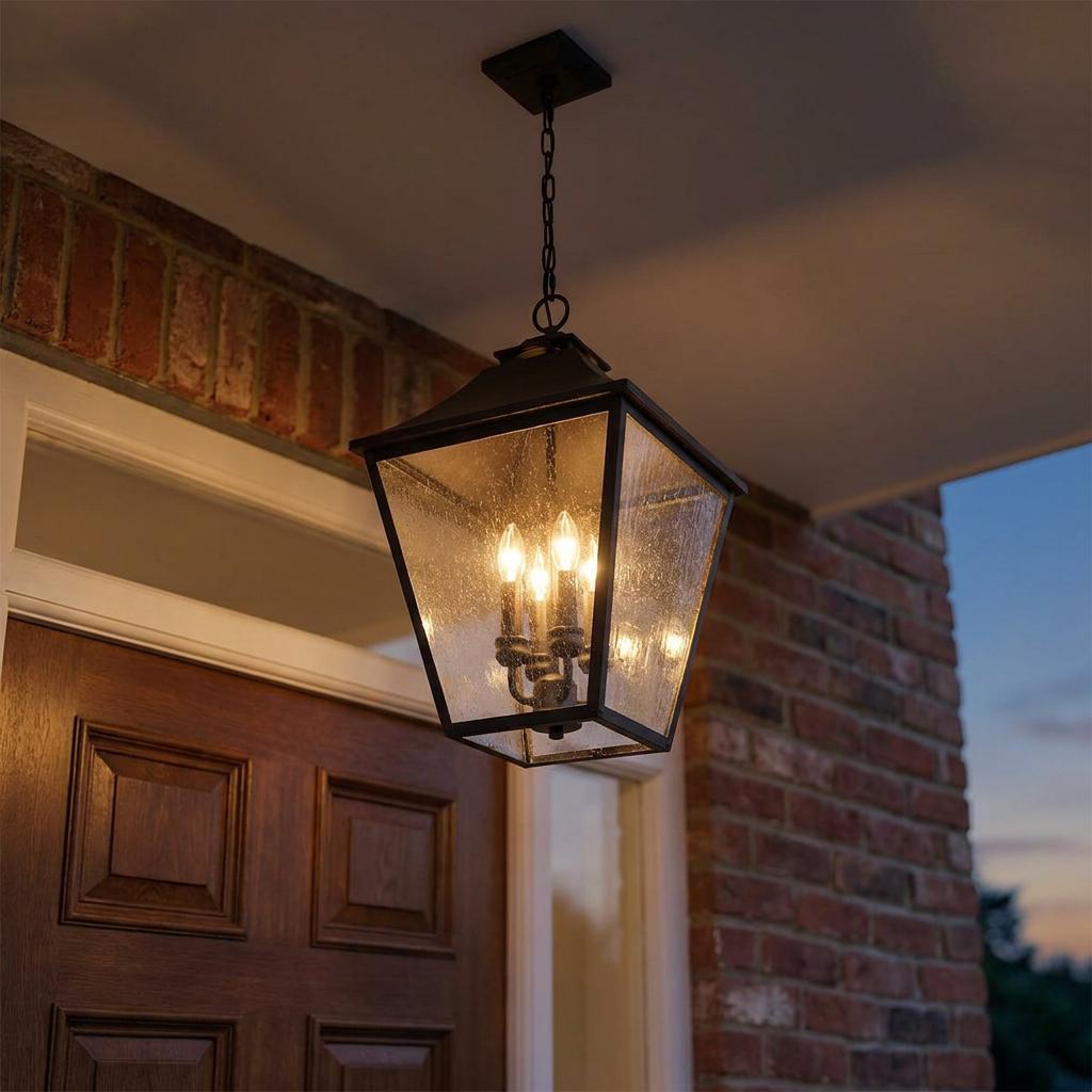 Feiss Galena 4-light black outdoor chain lantern with seeded glass hanging on a porch at dusk.