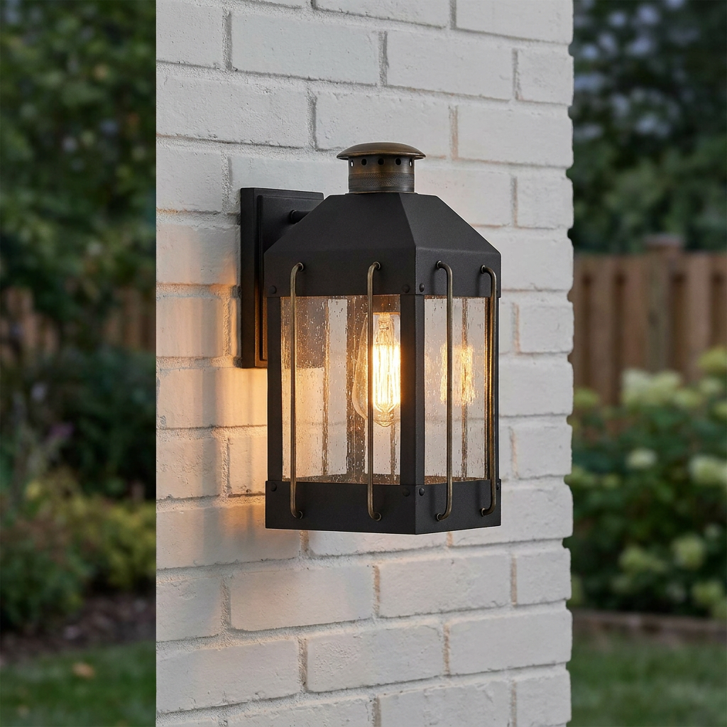 A black lantern wall light with seeded glass and a warm Edison bulb, mounted on a white brick exterior wall.