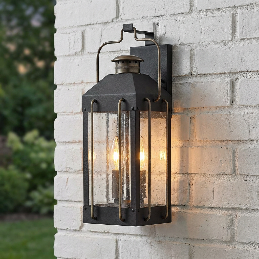 Hinkley Fitzgerald black and brass outdoor lantern wall light with seeded glass on a white brick wall.