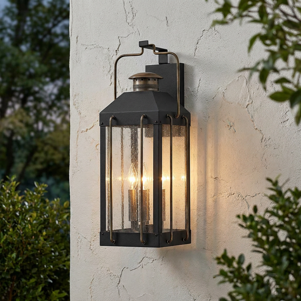 Black and brass lantern-style outdoor wall light with seeded glass panels mounted on a textured exterior wall.