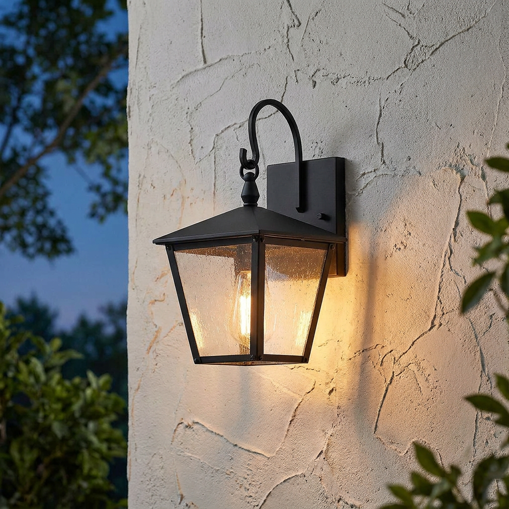 Black outdoor wall lantern with seeded glass and a warm bulb mounted on a light-colored textured wall at dusk.