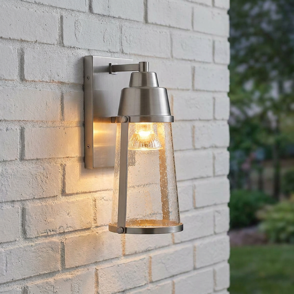 Brushed nickel outdoor wall light with a tapered seeded glass shade, mounted on a white brick wall.