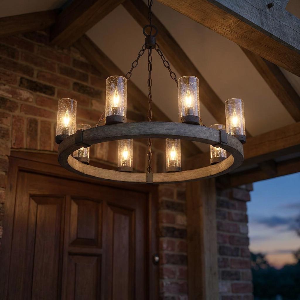 Rustic wagon-wheel chandelier with nine seeded glass cylinders glows on a wooden-beamed porch at dusk.