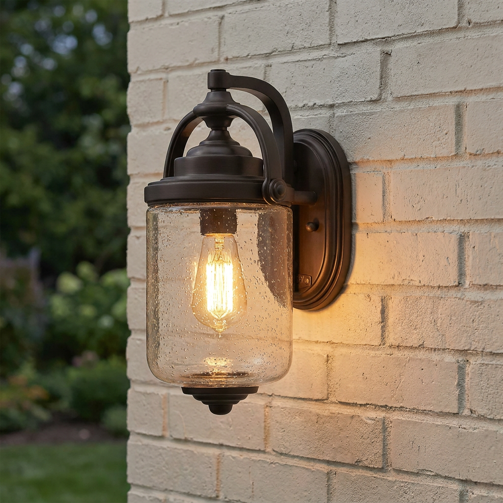 A bronze Hinkley Willoughby outdoor wall light with seeded glass and a warm bulb mounted on a white brick wall.