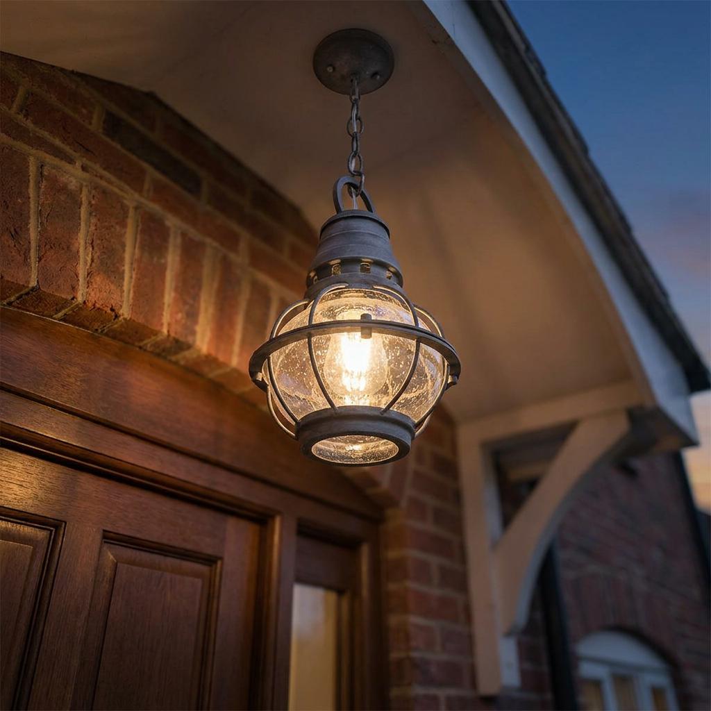 A weathered zinc nautical-style pendant light hanging from a porch ceiling above a wooden door at dusk.