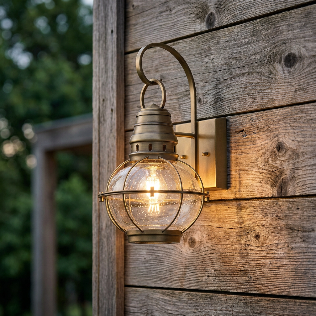 Nautical-style brass outdoor wall lantern with a seeded glass globe mounted on a rustic wooden wall.