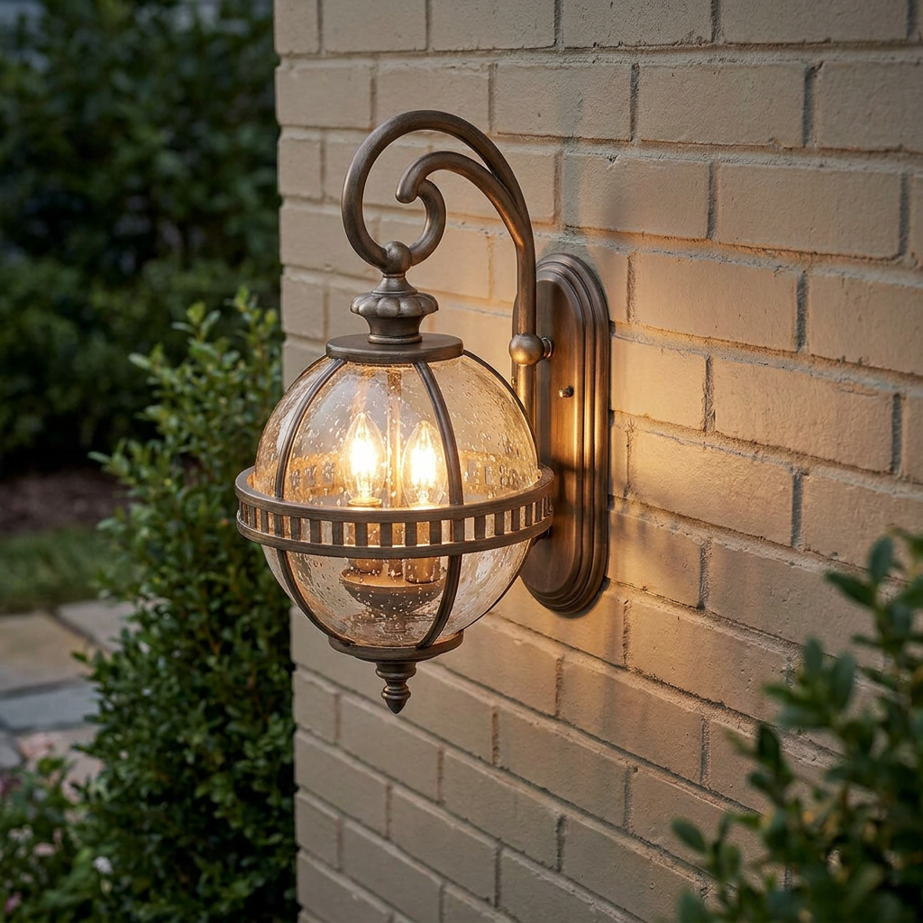 Kichler Halleron bronze outdoor wall light with a seeded glass globe mounted on a brick wall.