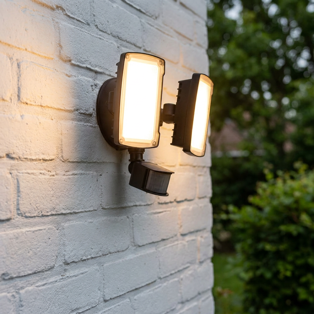 Lutec Chimera Black Twin Head Floodlight IP54 Photocell & PIR