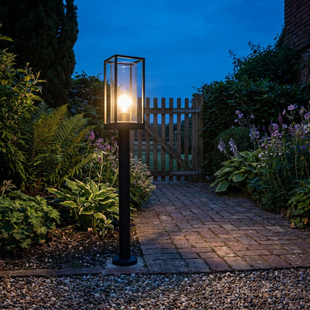 A modern matte black bollard light illuminates a brick garden path next to lush plants at dusk.