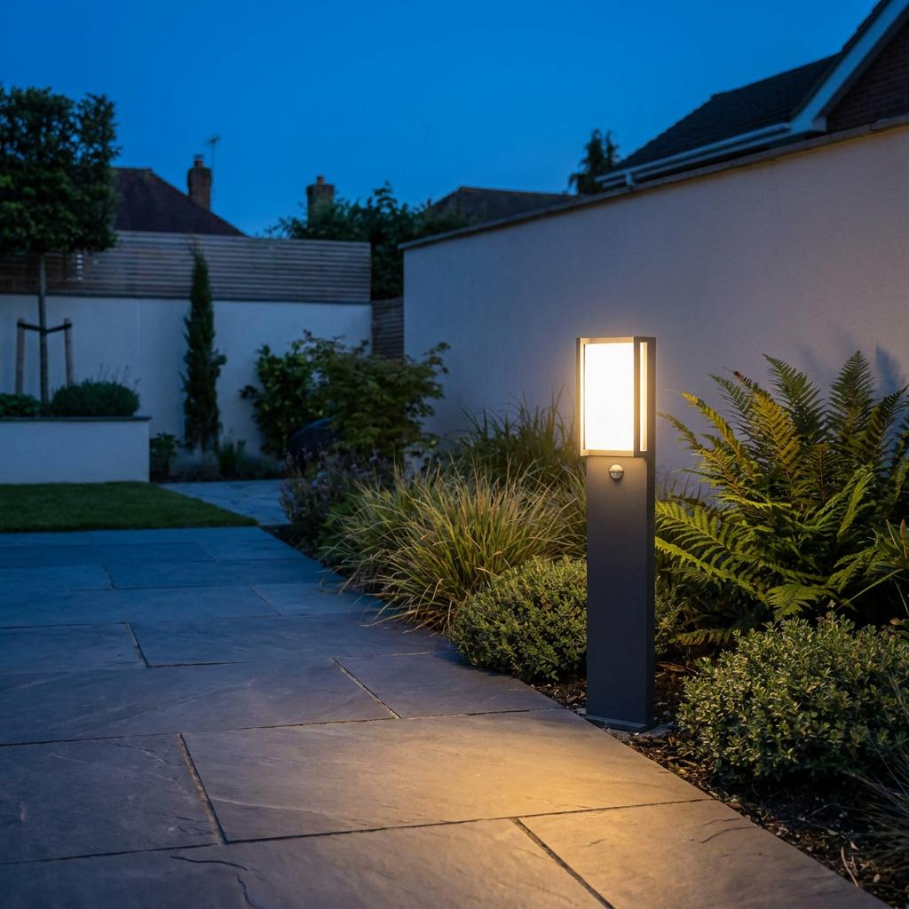 Lutec Qubo IP54 PIR Integrated LED Bollard Pathway Light In Dark Grey