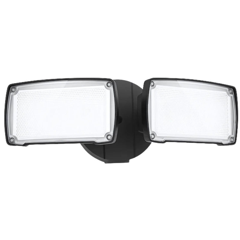 Black outdoor security light fixture on a white background