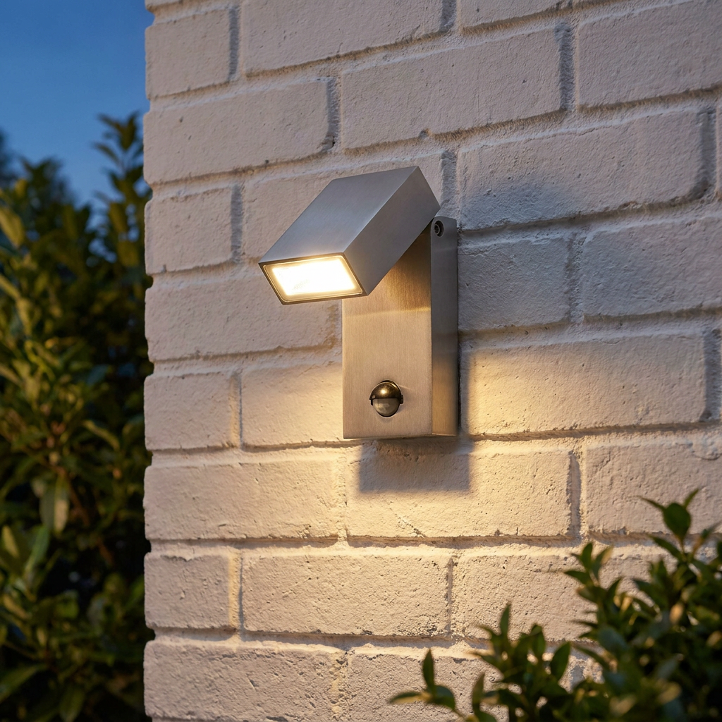 Modern aluminium LED down wall light with a PIR sensor illuminated on a white brick wall at dusk.