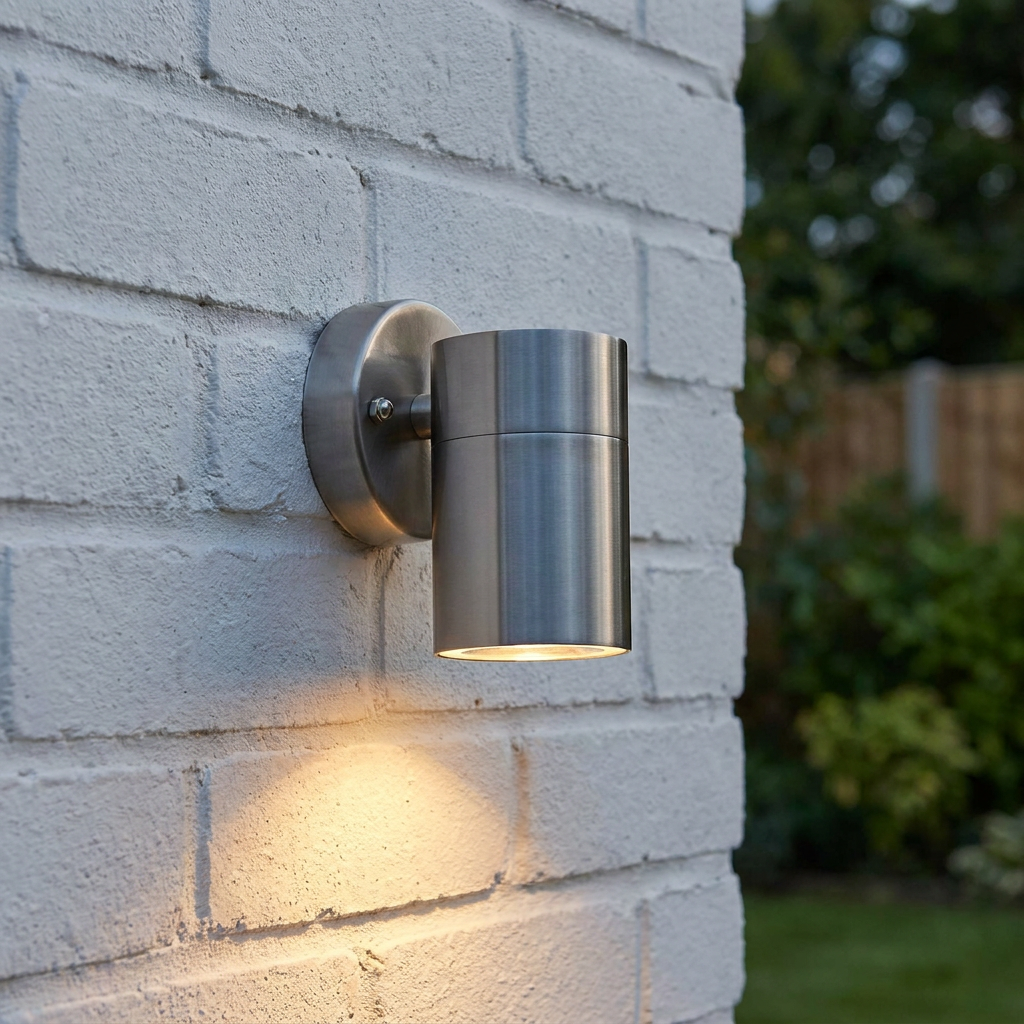 Stainless steel cylindrical downlight mounted on a white brick wall, casting a warm glow downwards.