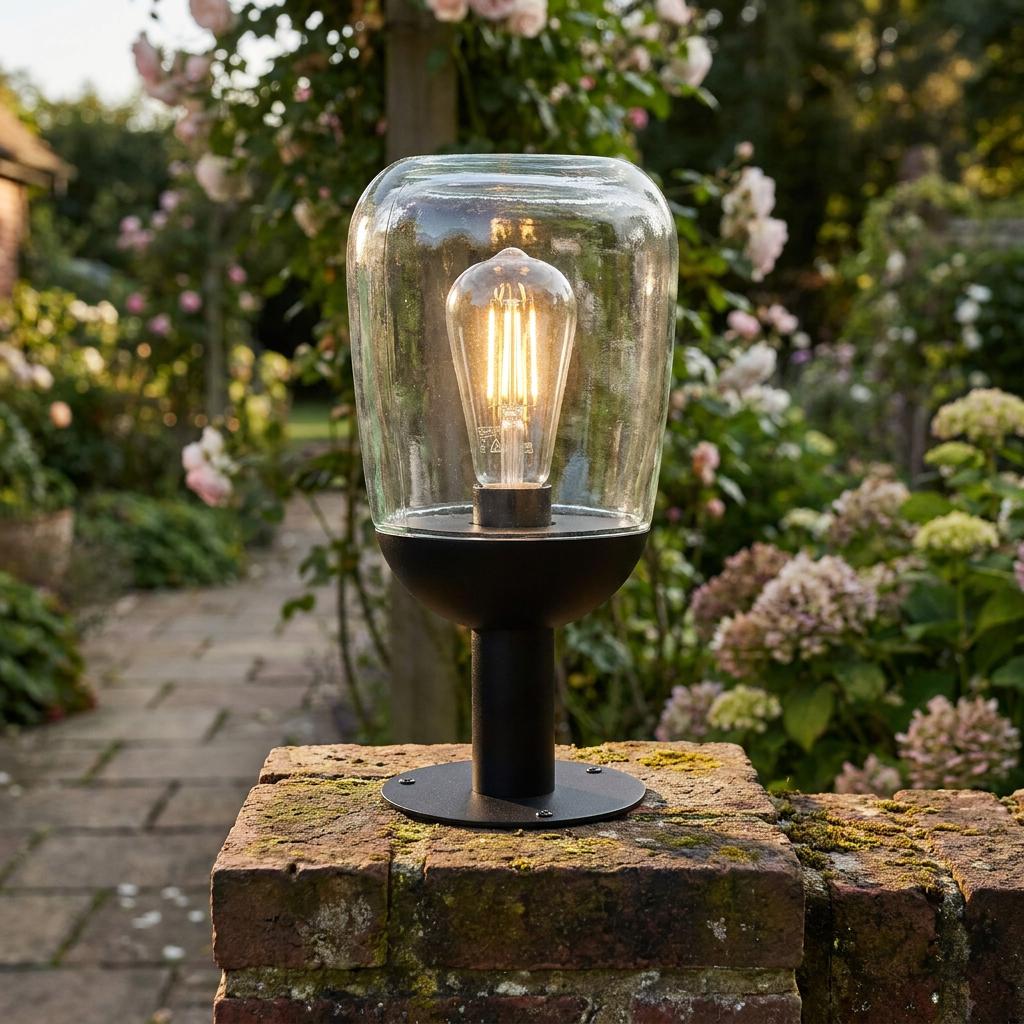 Eglo Donatori IP44 Black Pedestal Light - Rounded Clear Glass Shade
