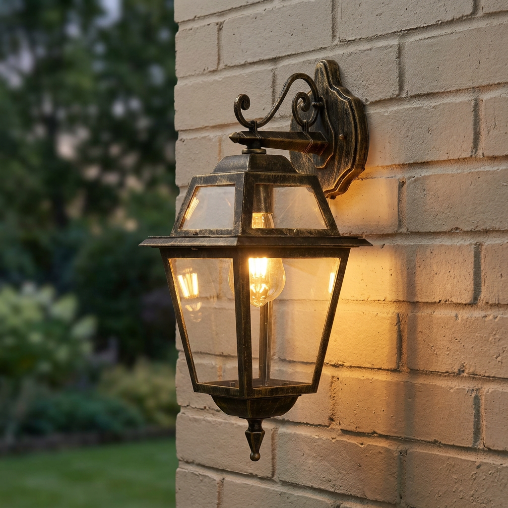 Traditional black and gold outdoor wall lantern with a glowing bulb mounted on a light brick wall.