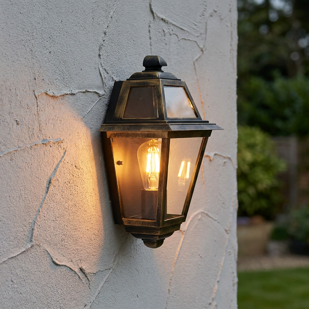 Black and gold outdoor half lantern with a glowing filament bulb mounted on a textured wall.
