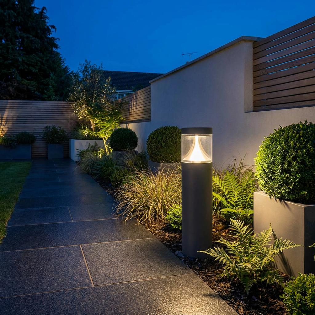 Norlys Egersund graphite LED bollard light illuminating a slate path in a landscaped garden at night.