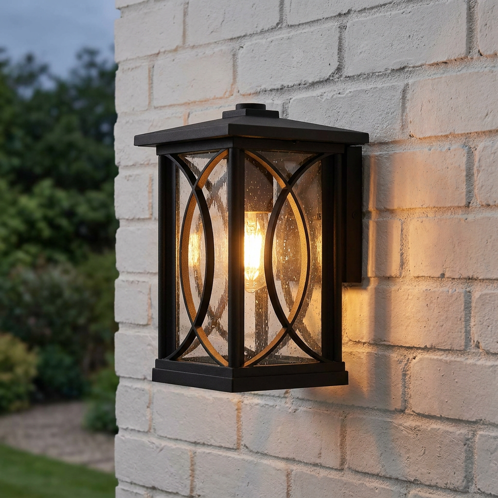 Black Oaks Lighting Orton lantern with seeded glass and curved detail mounted on a white brick wall.