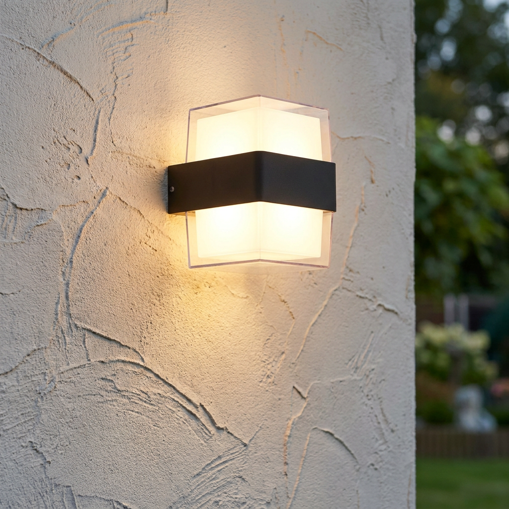 Modern black square LED up and down wall light glowing on a textured cream exterior wall.