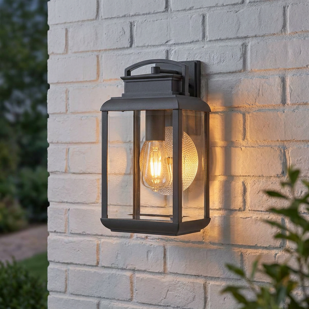 A pewter outdoor wall lantern with a glowing Edison bulb mounted on a white brick wall.