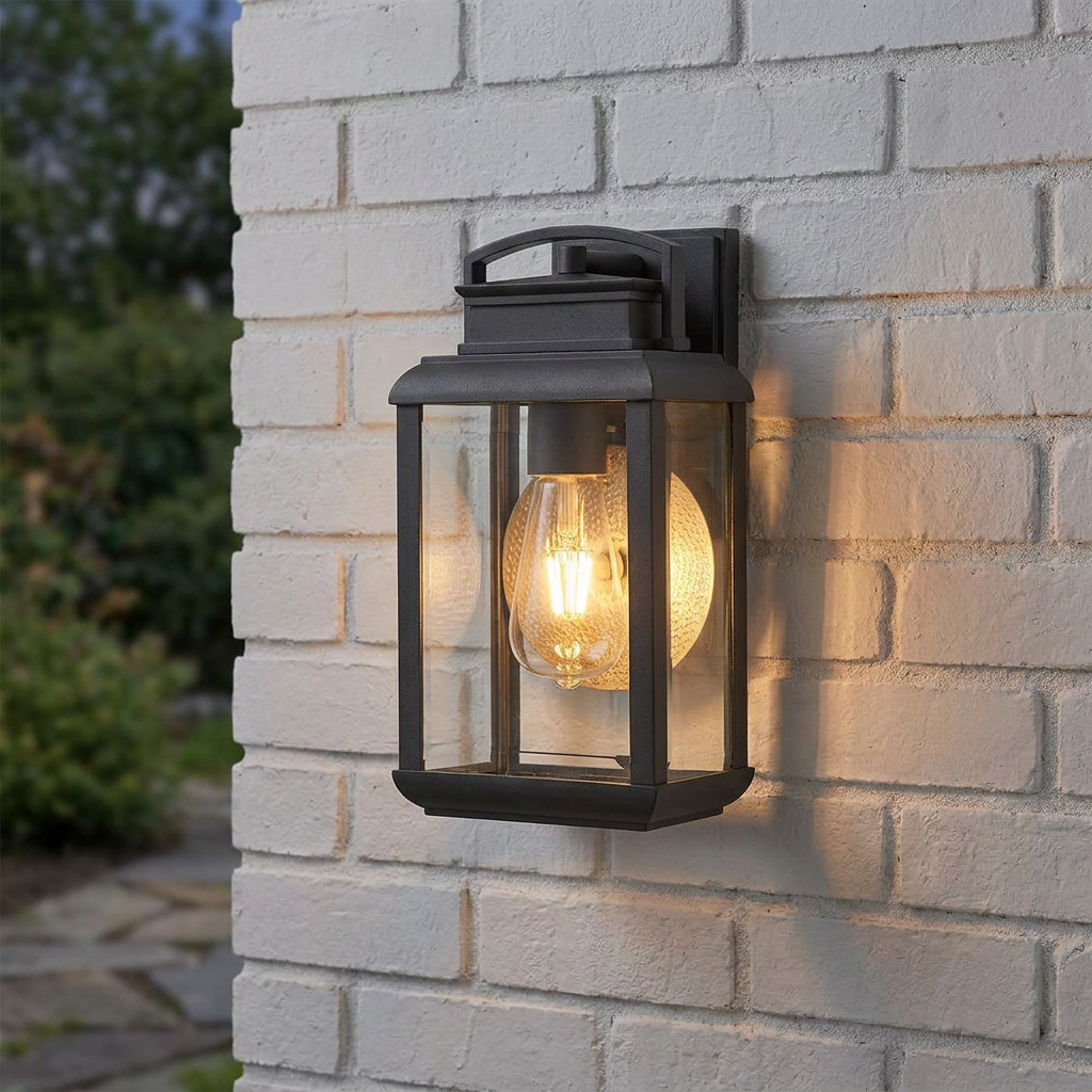 Graphite lantern-style outdoor wall light with a warm vintage bulb mounted on a white brick wall.