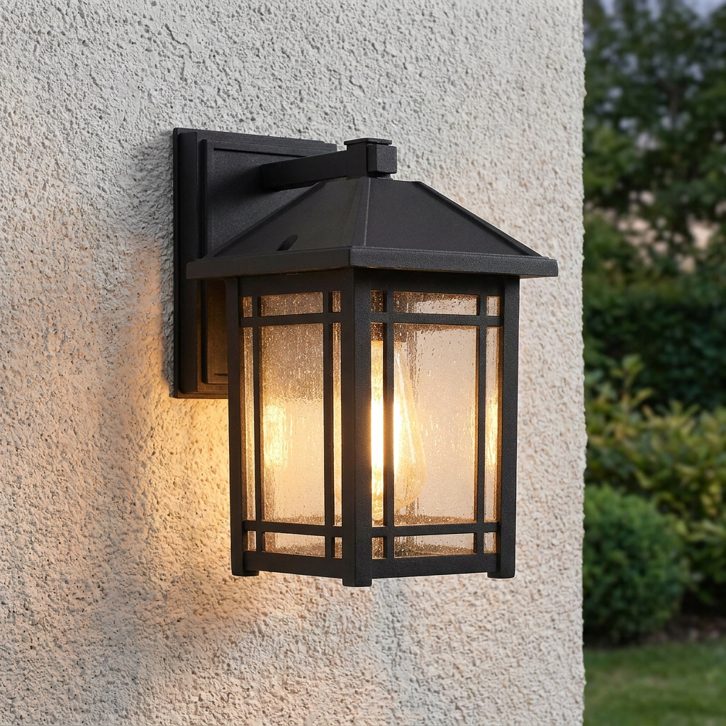 Craftsman-style black outdoor wall lantern with seeded glass and a warm glowing bulb mounted on a stucco wall.