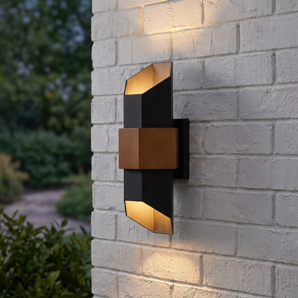 Modern black and wood up-down outdoor wall light glowing on a white brick wall.