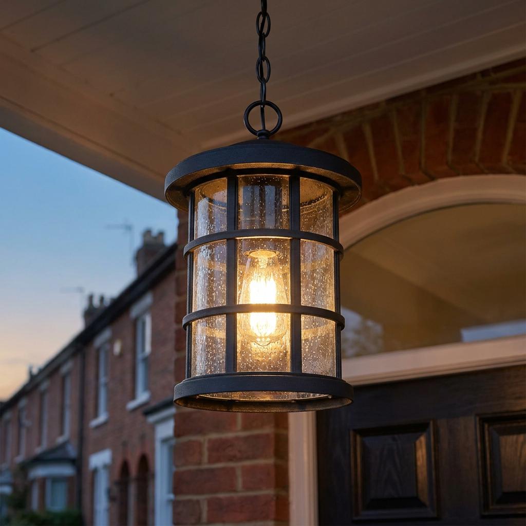 Quoizel Crusade outdoor chain lantern with seeded glass and black cage frame, lit in a residential setting.