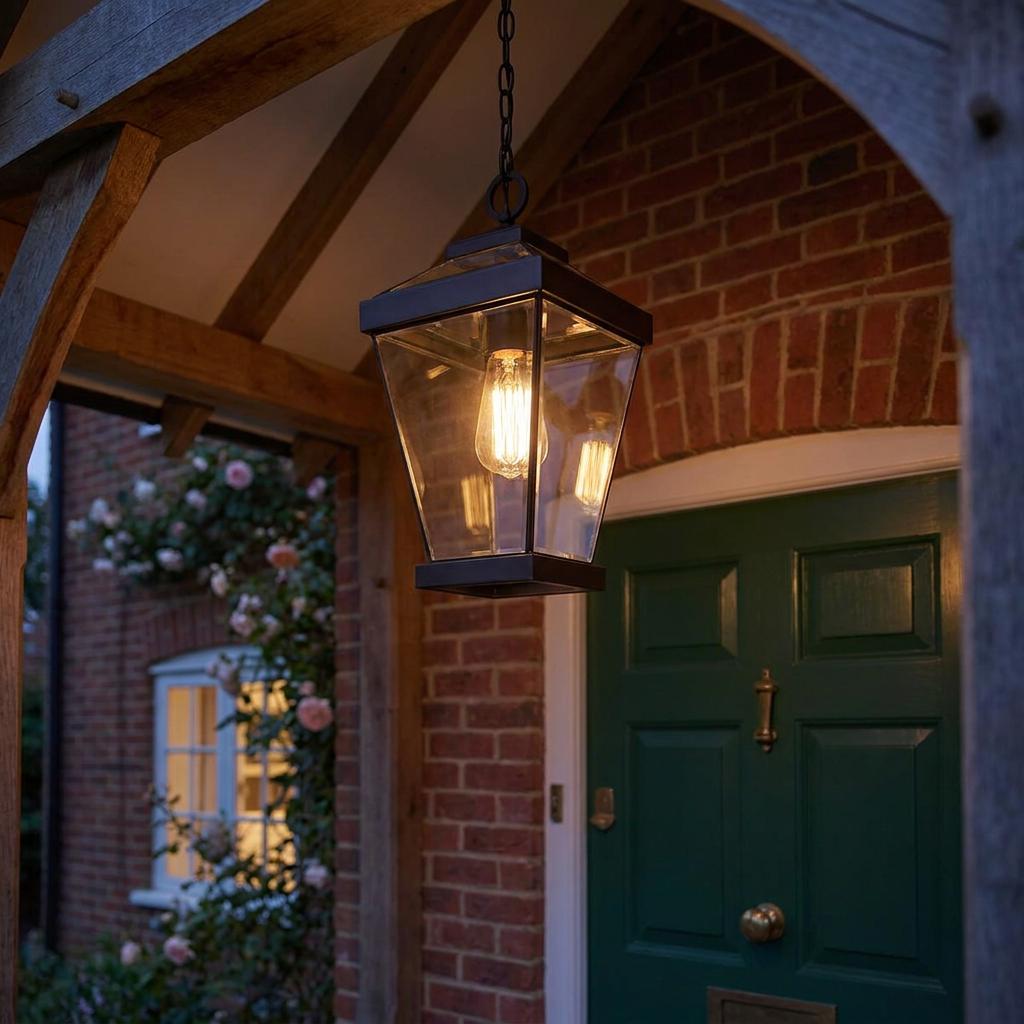 Quoizel Ravine bronze pendant lantern with a warm Edison bulb hangs under a wooden porch by a green front door.