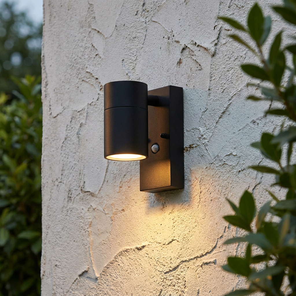 Modern black cylindrical outdoor downlight with sensor mounted on a textured white wall.