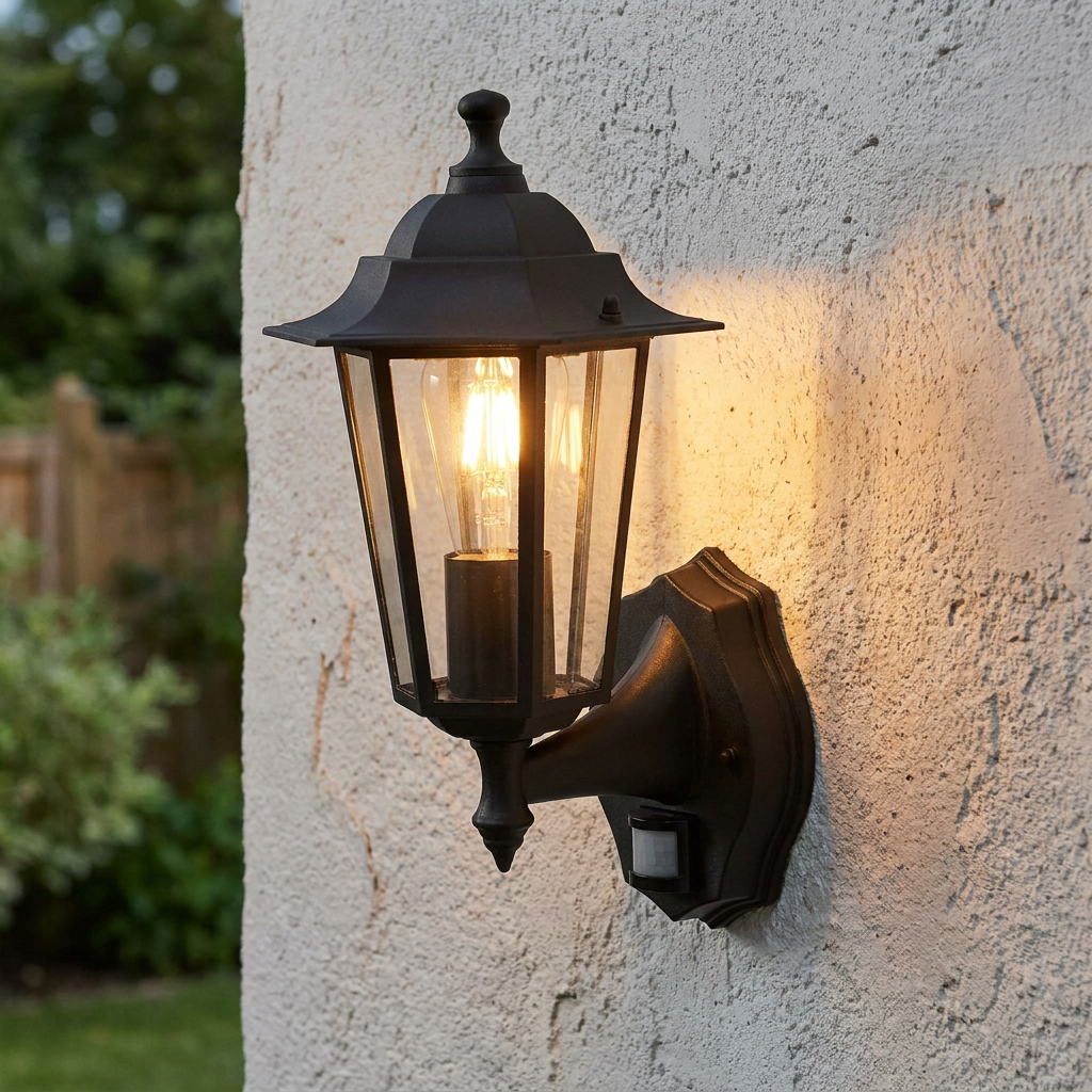 Traditional black wall lantern with glowing bulb and motion sensor on a white textured exterior wall.