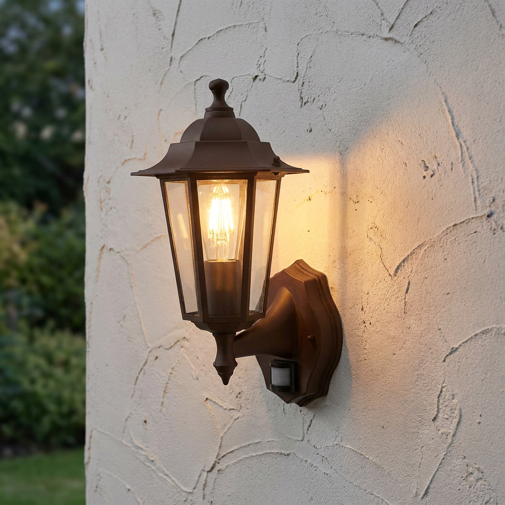Rust brown lantern-style outdoor wall light with motion sensor, glowing on a textured white wall.
